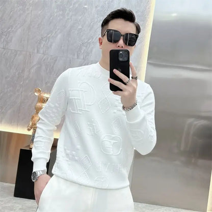 Winter New Letter Jacquard Long Sleeved T-shirt for Men Trendy and Fashionable Slim Fit and Stylish Youth Long Sleeved Shirt