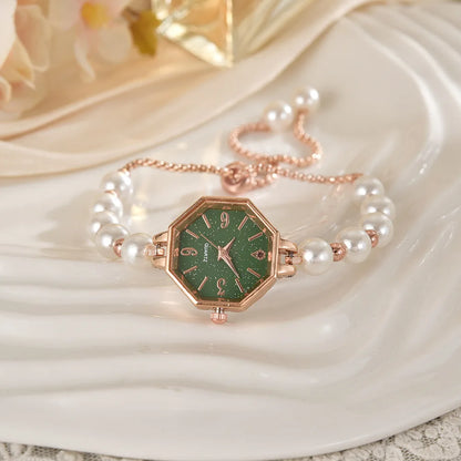 Exquisite Pearl Women Bracelet Quartz Watches Adjustable Strap Luxury Small Simple Octagonal Dial Ladies Wristwatch Gift