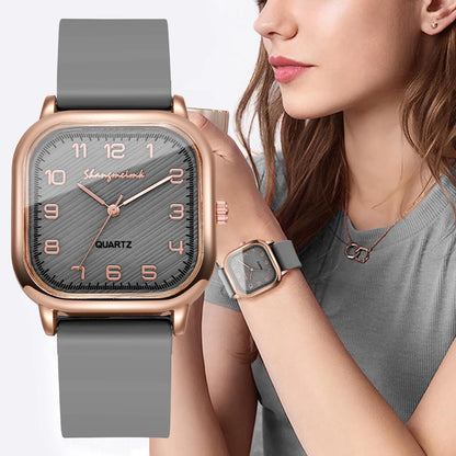 2PCS Fashion Square Arabic Dial Women Watches Heart Bracelet Set Casual Silicone Strap Quartz Watch Reloj Mujer（Without Box）