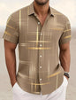 Summer Men's Geometric Grid  Plaid Shirts Short SleeveTurndown Hawaiian Shirt Button Up Shirts No Pockets Shirts