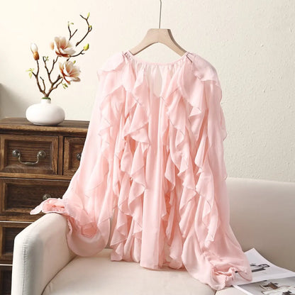 KONDALA Burgundy Mesh Ruffles Shirts For Women Elegant Long Sleeve See Through Loose Tops 2025 New Female High Street Partywear