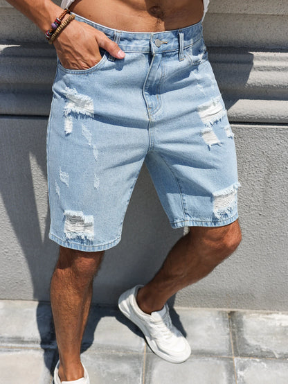 Hole-washed Water Buffalo Denim Short Pants - Men's