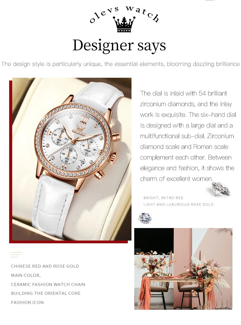 OLEVS 9933 Women' Watches Luxury Brand Diamond Quartz Wristwatch Waterproof Luminous   Leather Strap Multifunction Ladies Watch