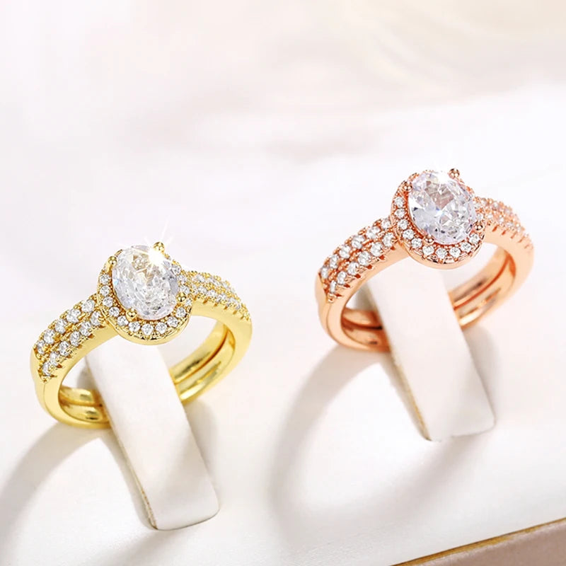 Huitan Gold Color/Rose Gold Color 2Pcs Set Wedding Rings for Women Luxury Cubic Zirconia Engagement Party Female Trendy Jewelry