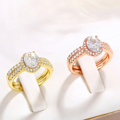Huitan Gold Color/Rose Gold Color 2Pcs Set Wedding Rings for Women Luxury Cubic Zirconia Engagement Party Female Trendy Jewelry
