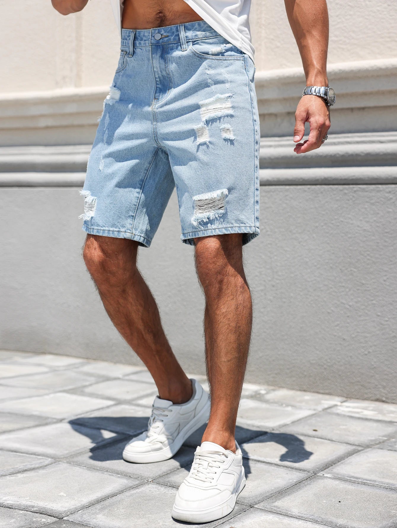 Hole-washed Water Buffalo Denim Short Pants - Men's