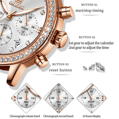 OLEVS Fashion Diamond Watches For Women Luxury Brand Rose Gold Case Ladies Quartz Watch White Leather Strap reloj para mujer