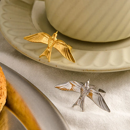 Stainless Steel 18k Gold Plated Vintage Stereoscopic Bird Shaped Open Rings for Women Waterproof Fashion Charm Jewelry Party