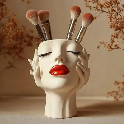 Cosmetic Brush Holder Makeup Organizer For Brushes Women's Head Design Boho Aesthetic Decorative Resin Decoration For Bathroom