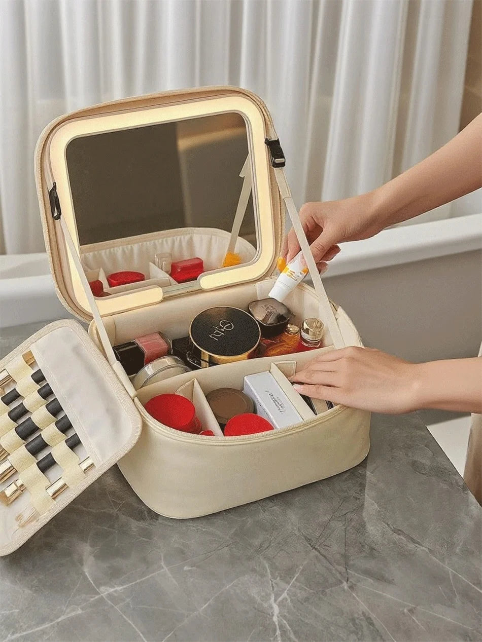 Makeup Bag With LED Mirror Large Capacity Travel Portable With Toilet Storage Bag and Mirror Women's Makeup Bag Organizer