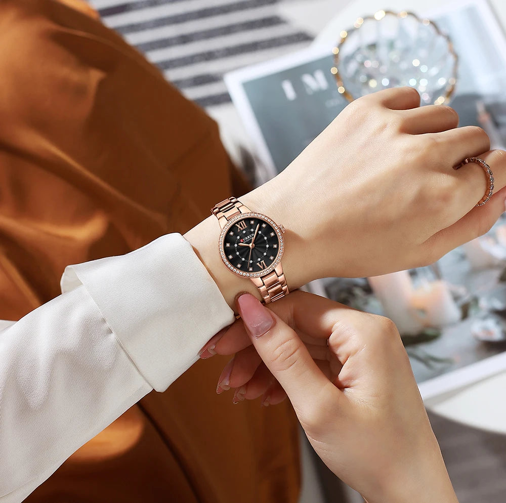 CURREN Luxury Watch Women Ring Necklace Earrings Rhinestone Fashion Wristwatch Female Casual Ladies Watches Bracelet 5PCS Set