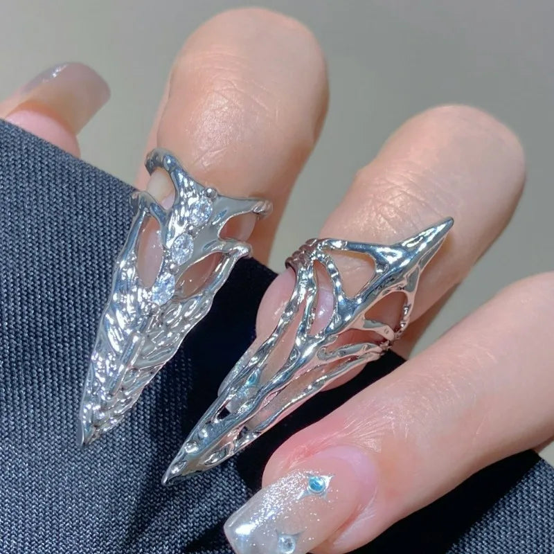 Punk Metal Nail Cover Bone Ring for Women Gothic Rock Machinery Manicure Fingertip Ring Finger Rings Cosplay Jewelry Set Gift