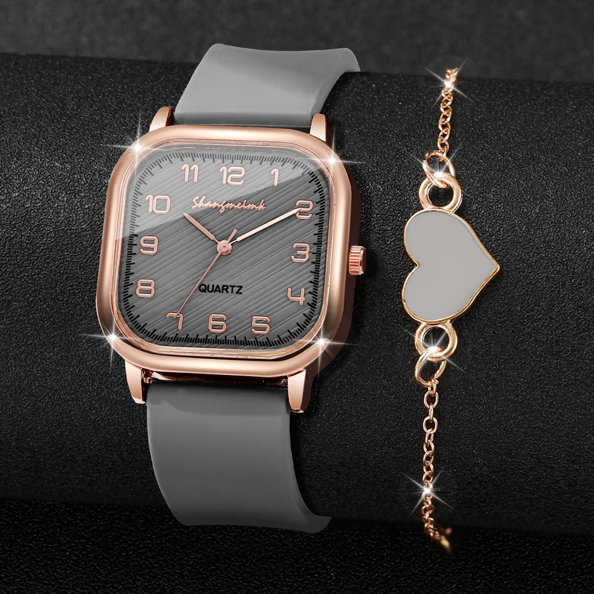 2PCS Fashion Square Arabic Dial Women Watches Heart Bracelet Set Casual Silicone Strap Quartz Watch Reloj Mujer（Without Box）