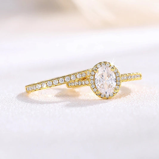 Huitan Gold Color/Rose Gold Color 2Pcs Set Wedding Rings for Women Luxury Cubic Zirconia Engagement Party Female Trendy Jewelry