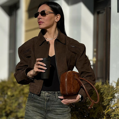 Jaqueta de camurça vintage para mulheres manga longa bolso com gola para baixo