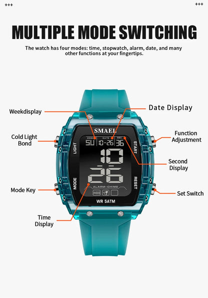 SMAEL Digital Watches Big Dial Rectangle Sport Watches LED Date 8108 Digital Watches 50m Waterproof Shockproof Men's Wristwatch