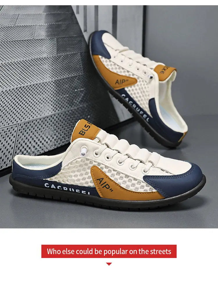 Verão masculino malha deslizamento em metade chinelos moda homem sandálias esportivas respirável qualidade casual ervilhas sapatos para homens mocassins de luxo