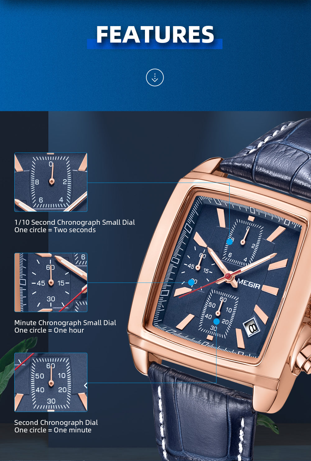 MEGIR Fashion Casual Men Chronograph Quartz Watch Top Brand Military Sport Wristwatch Man Rectangle  Leather Watches Male 2028