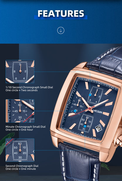MEGIR Fashion Casual Men Chronograph Quartz Watch Top Brand Military Sport Wristwatch Man Rectangle  Leather Watches Male 2028