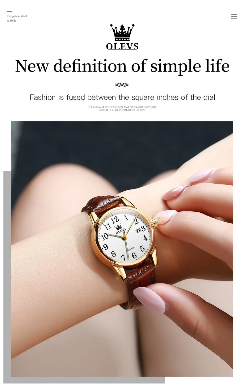 OLEVS Brand Fashion Simple Quartz Watch for Women Leather Strap Waterproof Calendar Womens Watches Elegant Female Clock