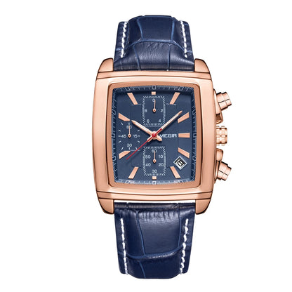 MEGIR Fashion Casual Men Chronograph Quartz Watch Top Brand Military Sport Wristwatch Man Rectangle  Leather Watches Male 2028