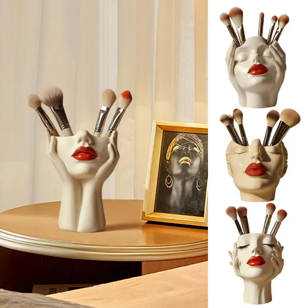 Cosmetic Brush Holder Makeup Organizer For Brushes Women's Head Design Boho Aesthetic Decorative Resin Decoration For Bathroom