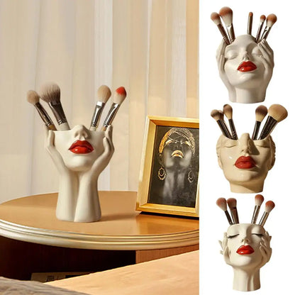 Cosmetic Brush Holder Makeup Organizer For Brushes Women's Head Design Boho Aesthetic Decorative Resin Decoration For Bathroom