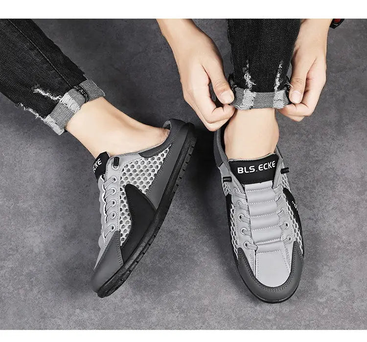 Verão masculino malha deslizamento em metade chinelos moda homem sandálias esportivas respirável qualidade casual ervilhas sapatos para homens mocassins de luxo