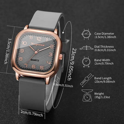 2PCS Fashion Square Arabic Dial Women Watches Heart Bracelet Set Casual Silicone Strap Quartz Watch Reloj Mujer（Without Box）
