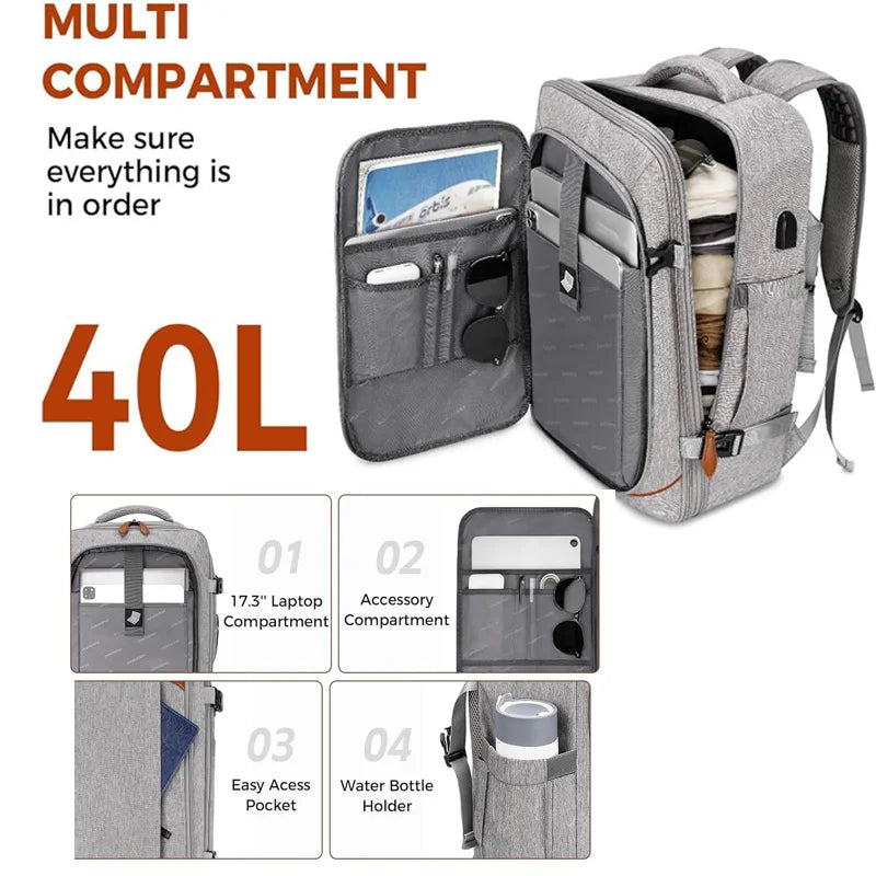 Mochila de viaje con puerto de carga USB, múltiples bolsas organizadoras y compartimento para zapatos, mochila de equipaje de gr