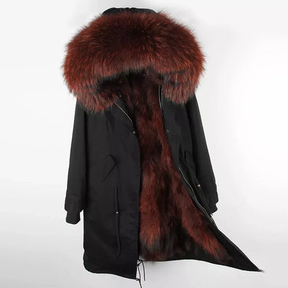 Maomaokong Winter Woman Natural Fur Overcoat Plus Size Black Parkas Raccoon Real Fur Lining Extra Larg Warm Jacket Coats Long