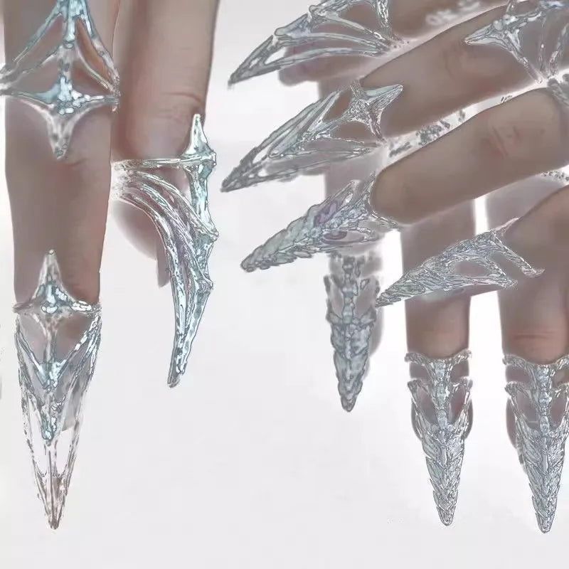 Punk Metal Nail Cover Bone Ring for Women Gothic Rock Machinery Manicure Fingertip Ring Finger Rings Cosplay Jewelry Set Gift