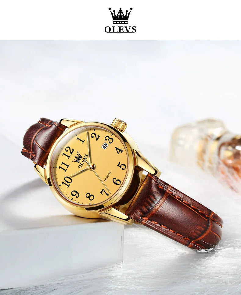 OLEVS Brand Fashion Simple Quartz Watch for Women Leather Strap Waterproof Calendar Womens Watches Elegant Female Clock