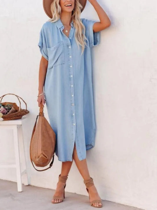 Women's Casual Loose Solid Color Short Sleeved Long Slit Shirt Dress with Shoulder Sleeves and Button Up Dress