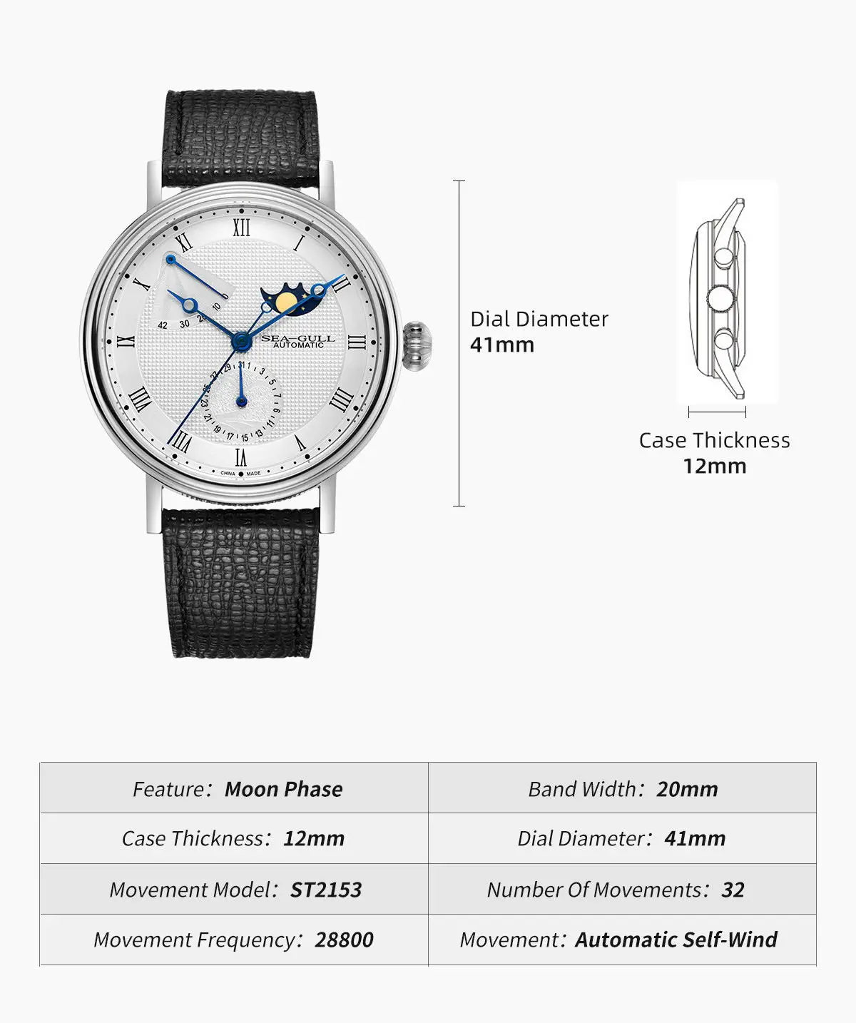 Seagull Men's Business Wristwatch Moon Phase Leather Luxury Automatic Mechannical Men's Watches 50M Waterproof relogio 6092
