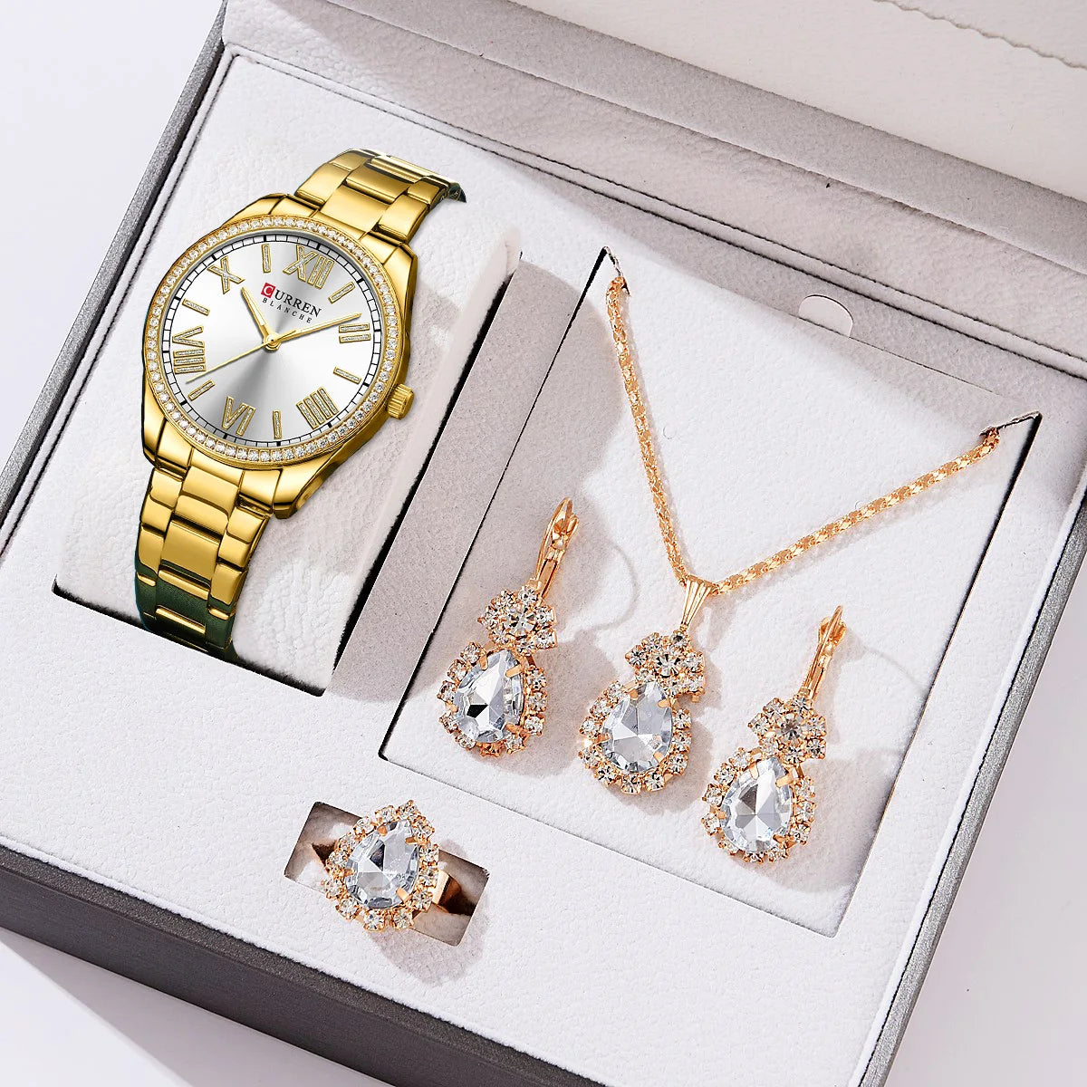 CURREN Luxury Watch Women Ring Necklace Earrings Rhinestone Fashion Wristwatch Female Casual Ladies Watches Bracelet 5PCS Set