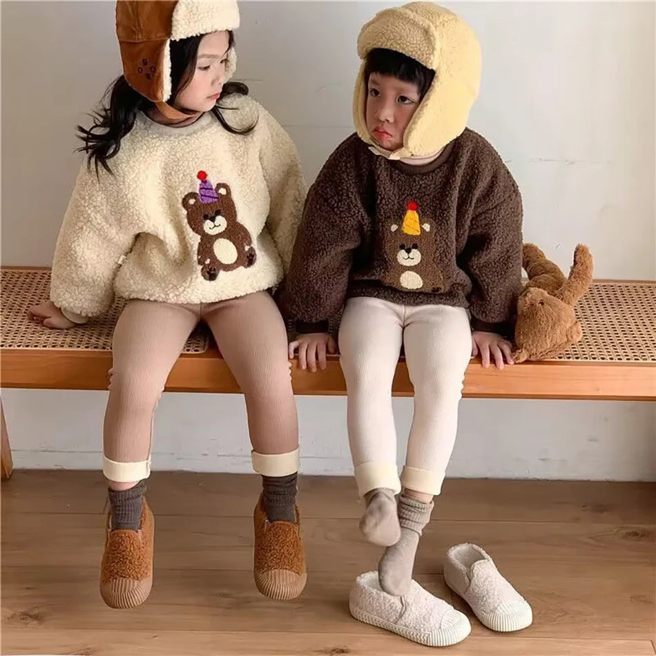 Plush Pants for Kids 1-8 Years Soft Warm Solid Color with Animal Cartoons Stretchy Comfy Winter Trousers for Boys and Girls