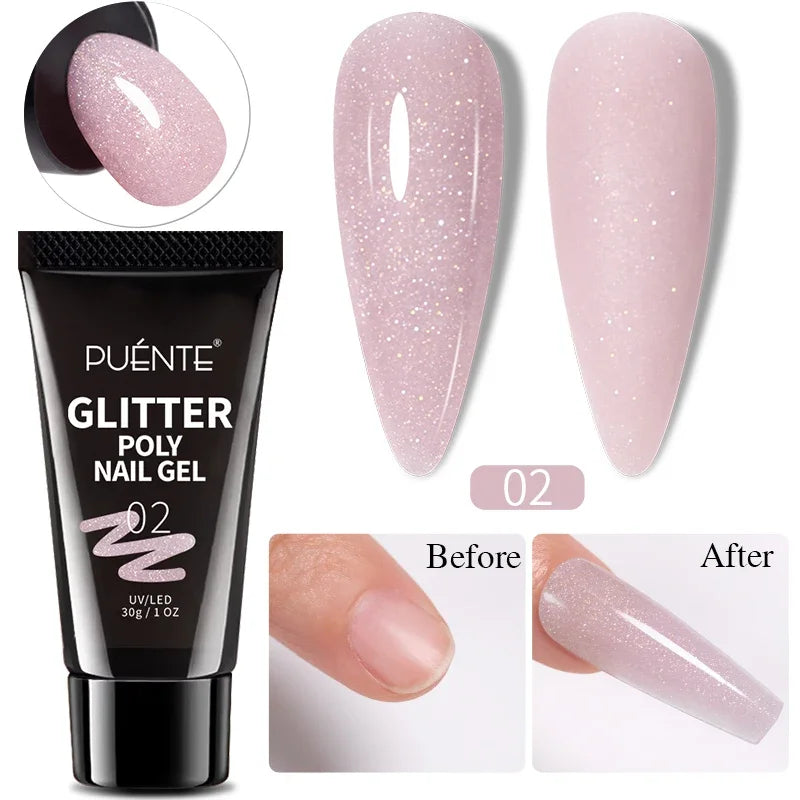 30ML Glitter Poly Nail Gel Hema Free Pink Glitter Acrylic Gel Finger Extension Nail Gel Semi-Permanent Nail Varnish For Manicure