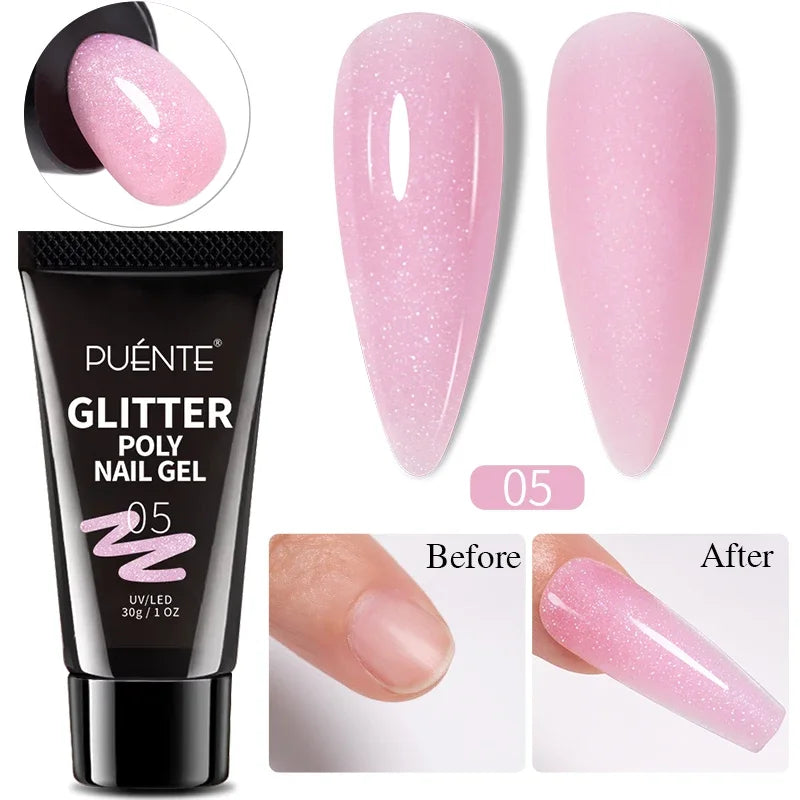 30ML Glitter Poly Nail Gel Hema Free Pink Glitter Acrylic Gel Finger Extension Nail Gel Semi-Permanent Nail Varnish For Manicure