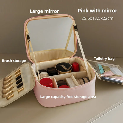 Makeup Bag With LED Mirror Large Capacity Travel Portable With Toilet Storage Bag and Mirror Women's Makeup Bag Organizer