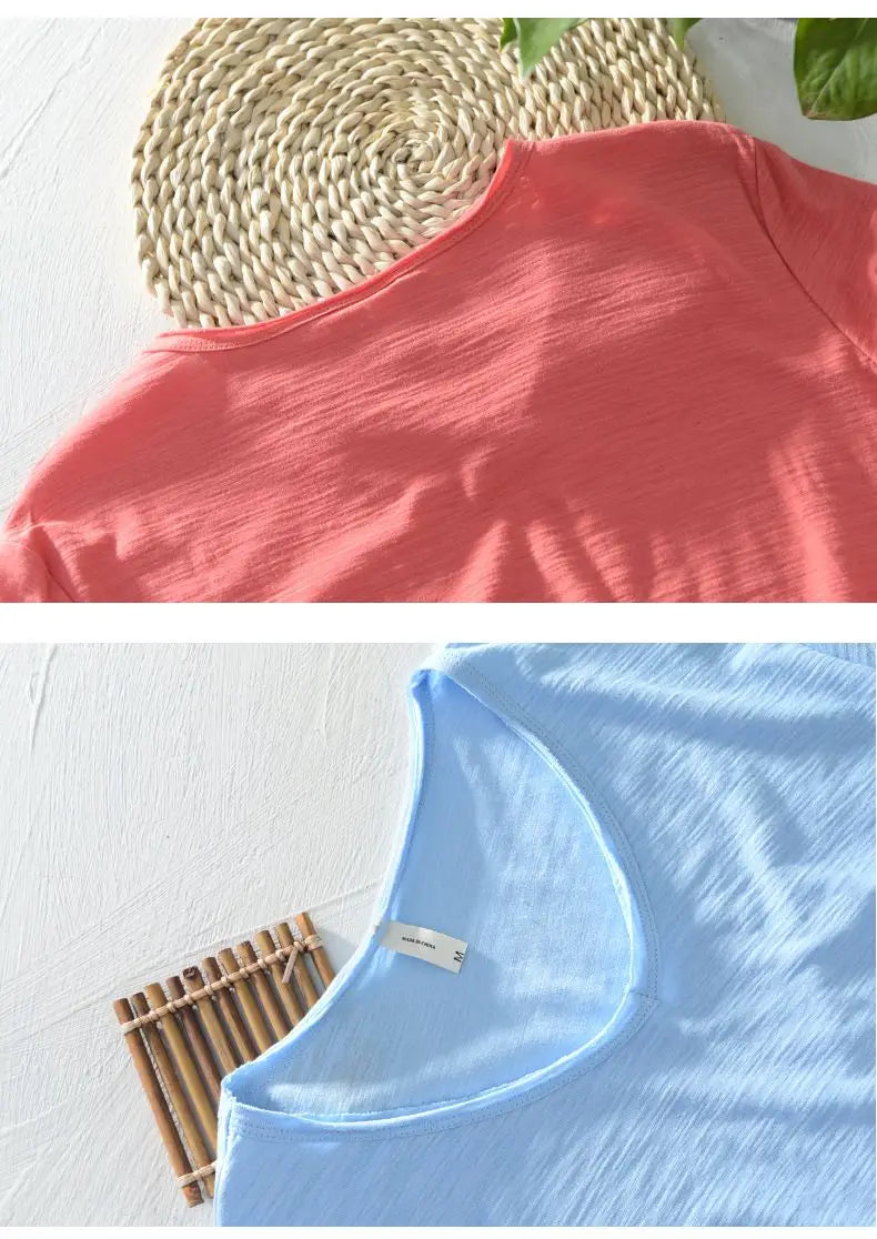 2026 Summer New 100% Cotton White T-shirt Male V-neck