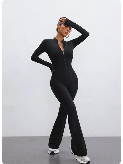 Nylon Yarn Zipper Long-sleeved Flare Pants Yoga One-piece Clothes Tight Fitness Sportswear Women's Jumpsuits