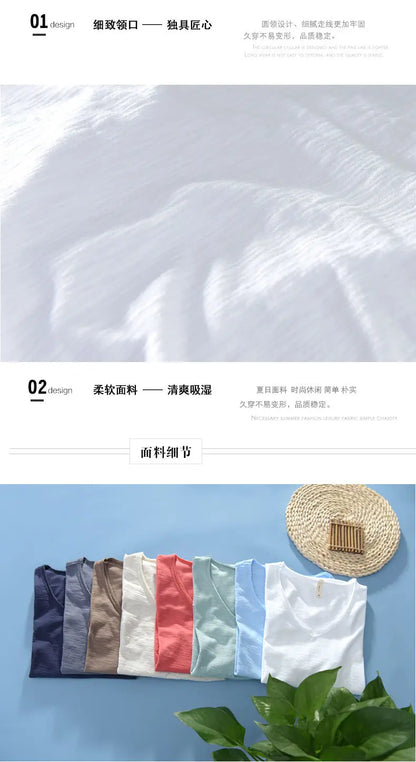 2026 Summer New 100% Cotton White T-shirt Male V-neck