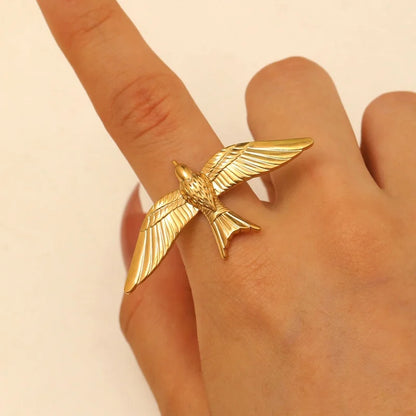 Stainless Steel 18k Gold Plated Vintage Stereoscopic Bird Shaped Open Rings for Women Waterproof Fashion Charm Jewelry Party