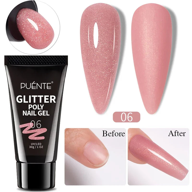 30ML Glitter Poly Nail Gel Hema Free Pink Glitter Acrylic Gel Finger Extension Nail Gel Semi-Permanent Nail Varnish For Manicure