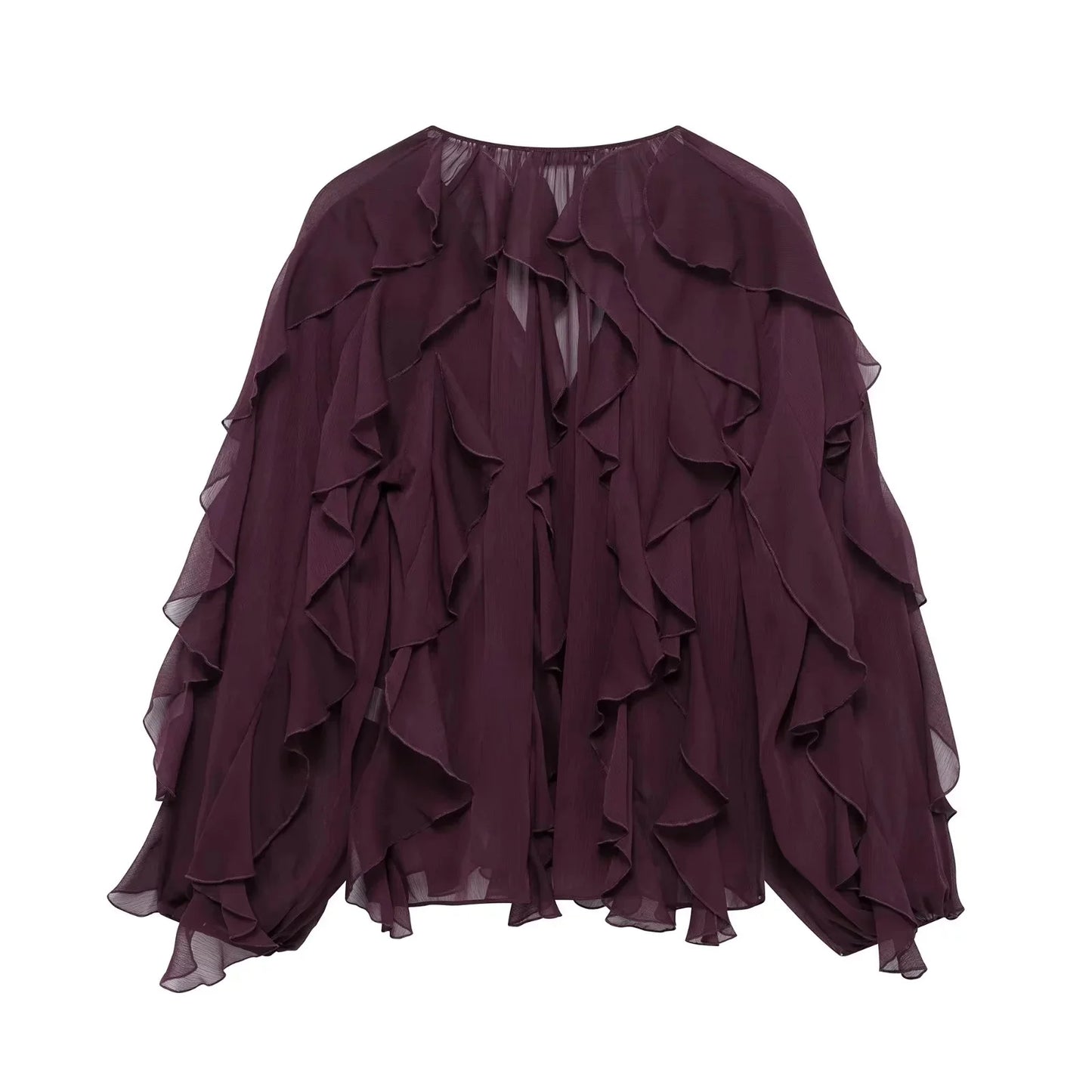 KONDALA Burgundy Mesh Ruffles Shirts For Women Elegant Long Sleeve See Through Loose Tops 2025 New Female High Street Partywear