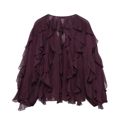 KONDALA Burgundy Mesh Ruffles Shirts For Women Elegant Long Sleeve See Through Loose Tops 2025 New Female High Street Partywear