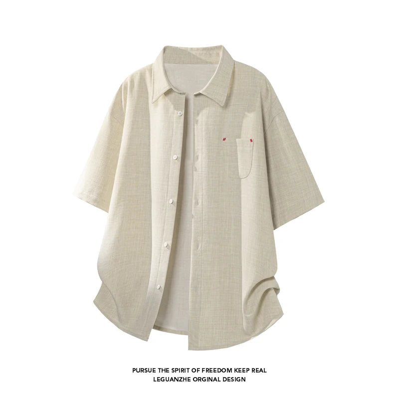 LEGIBLE Summer Shirts Men Loose Thin Cotton Short Sleeve Shirts Male Fashion Stand Solid Color 4XL 5XL