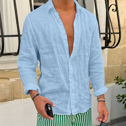 Spring Autumn Men's Cotton Linen Shirt Long Sleeve Casual Solid Color Slim Fit Lapel Simple Style Male Breathable Button Tops