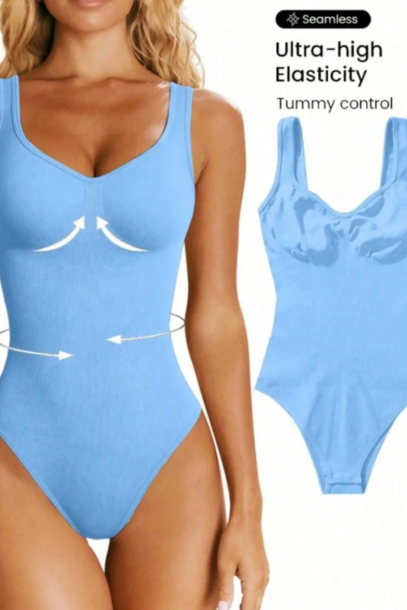 Women's Seamless Yoga Bodysuit – Low Neck Sleeveless Fitness Top